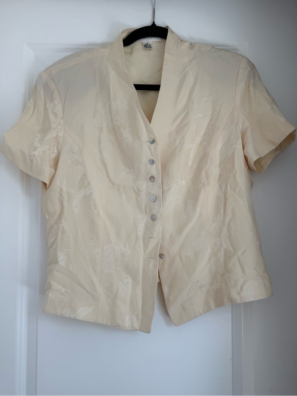 Anne Klein Vintage Silk Classic Short-Sleeve Mandarin Collar Blouse - Cream